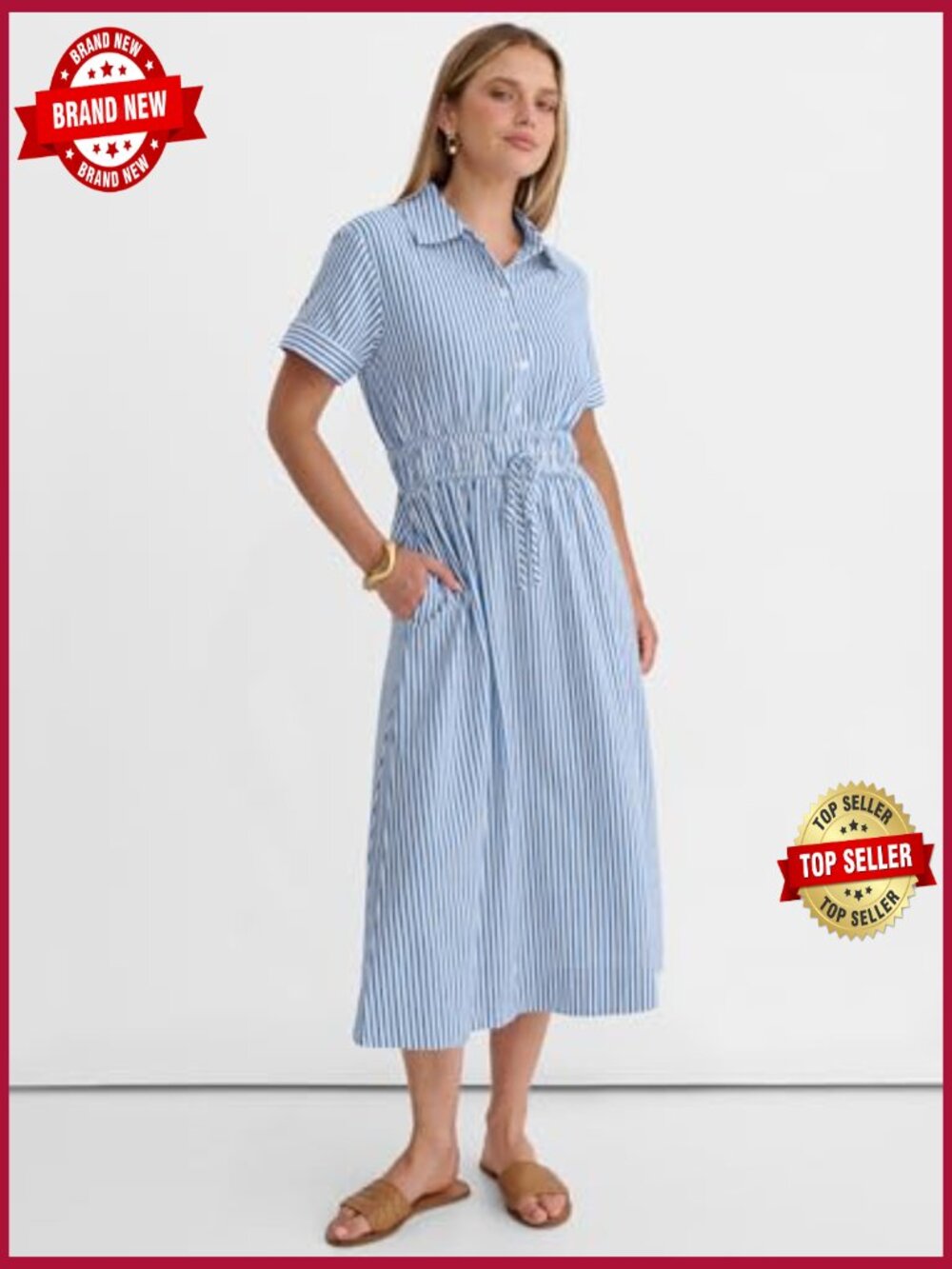 Striped Button Down Midi Dress with Pockets - Picture 3 of 7